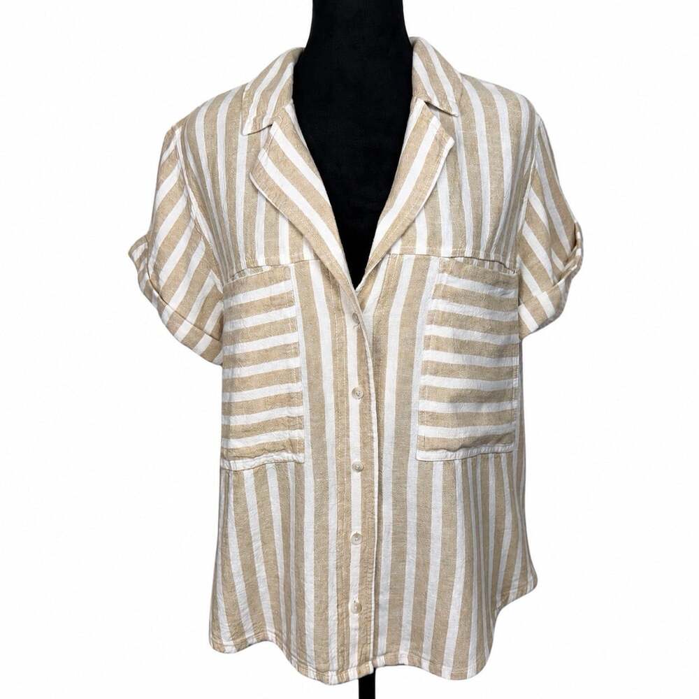Universal Thread Linen Blend Womens Large Button-Up Shirt Tan White Striped Boxy